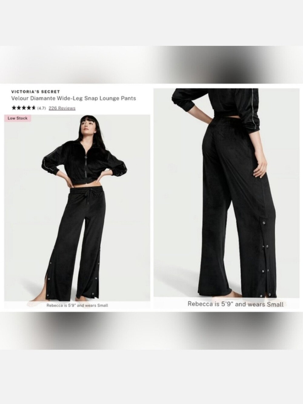 Victoria's secret velour diamante wide-leg snap lounge pants BLACK MEDIUM